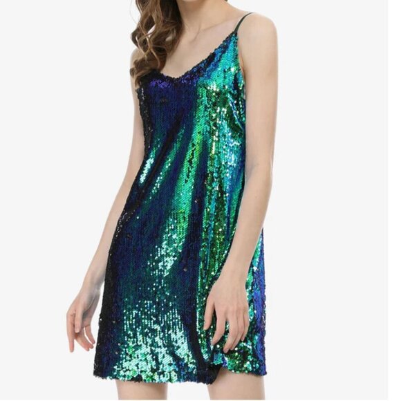 Allegra K Dresses & Skirts - Allegra K Green Glitter Sequin V Neck Spaghetti Strap Mini Party Dress Sz Large